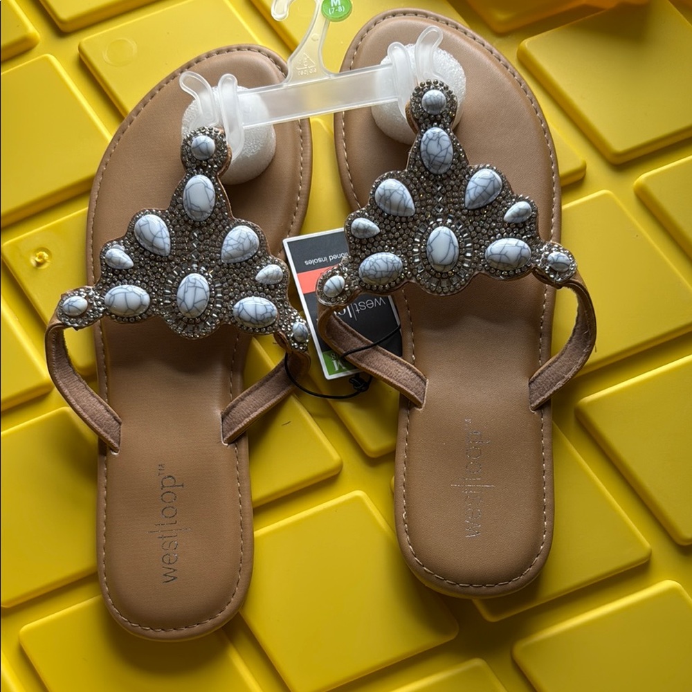 West Loop Brown and White Sandals with Decorative Studs